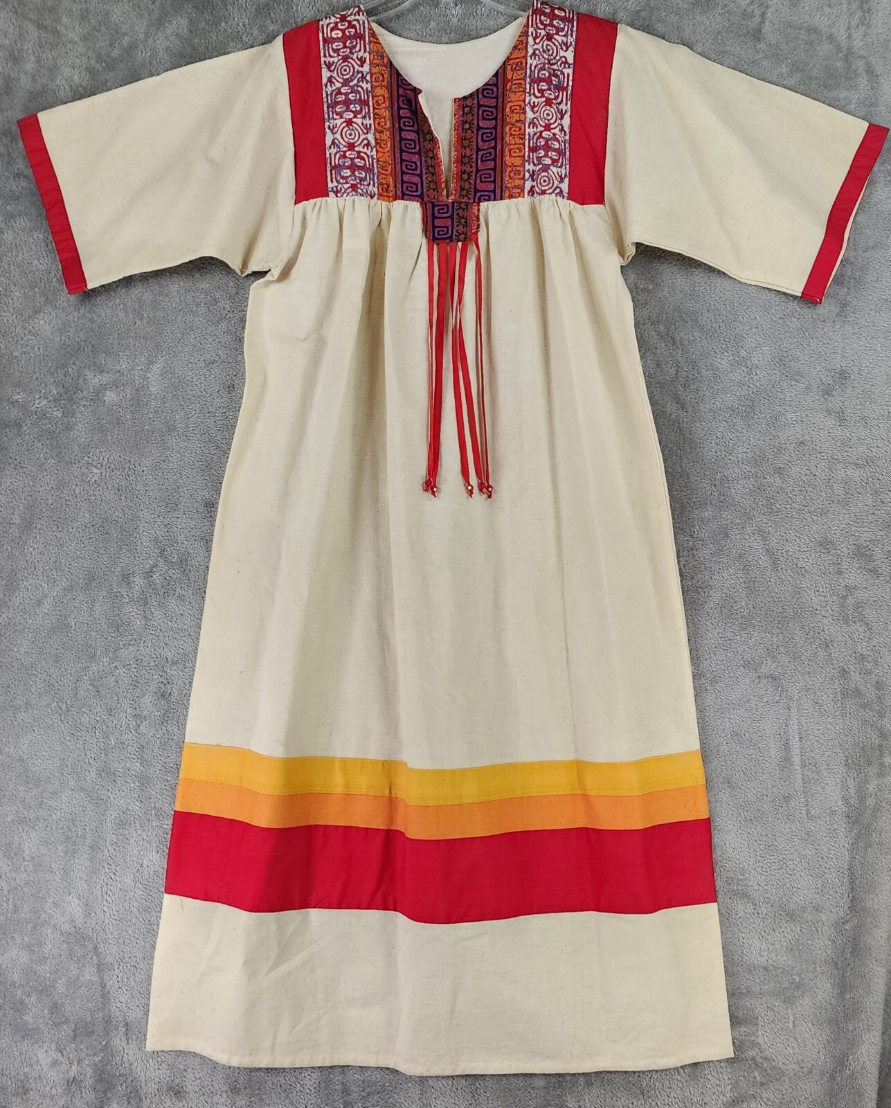Womens Dress Medium Multicolor Pleated Tasseled Hippie 70s Style Linen Midi