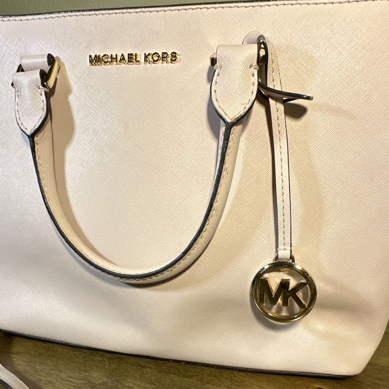 Michael Kors Pink Satchel Top Handle Bag Gold Hardware Zip, Detachable Strap