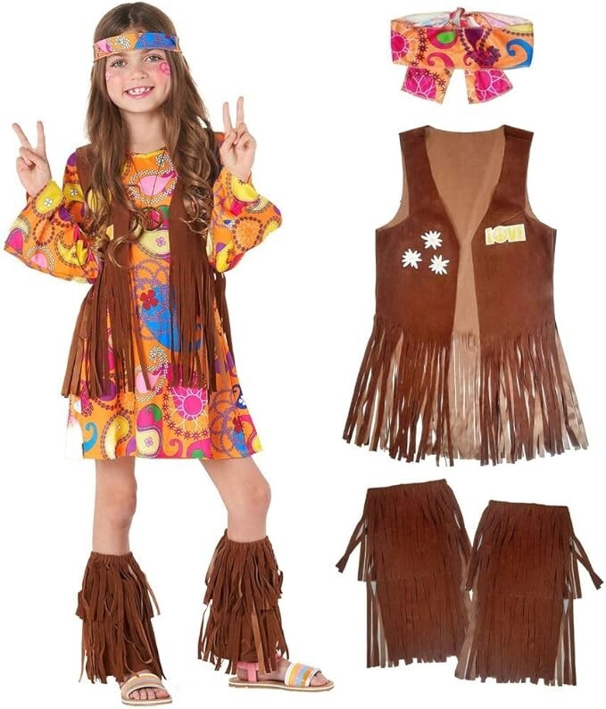 Girls 1970s Hippie Costume Kids Hippy Fancy Dress S – XL Flower Child