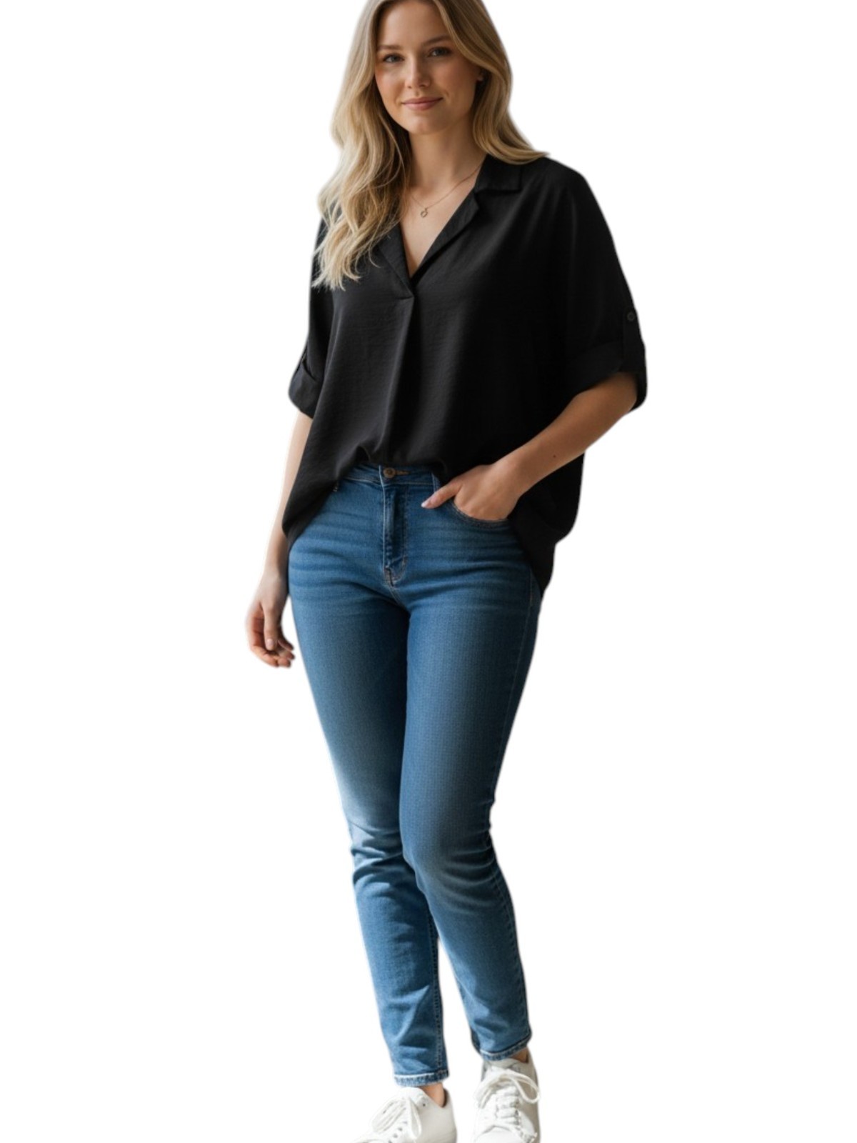 LUSH Black Collared V-Neck Blouse 100% Rayon High Low Back Button Shirt – XL/2XL