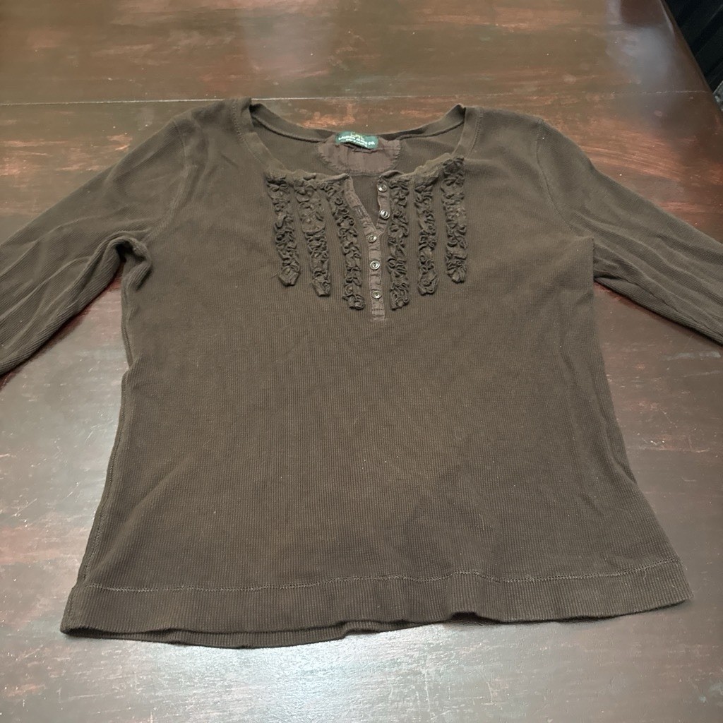 Lauren Jeans Co Ralph Lauren Women’s Brown Ruffle Button Henley Cotton Knit Top