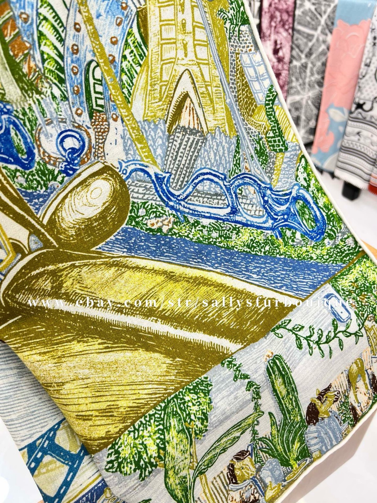 Sallys 70% Cashmere & 30% Silk Wrap Scarf City Print Double Face Shawl 53″ Green