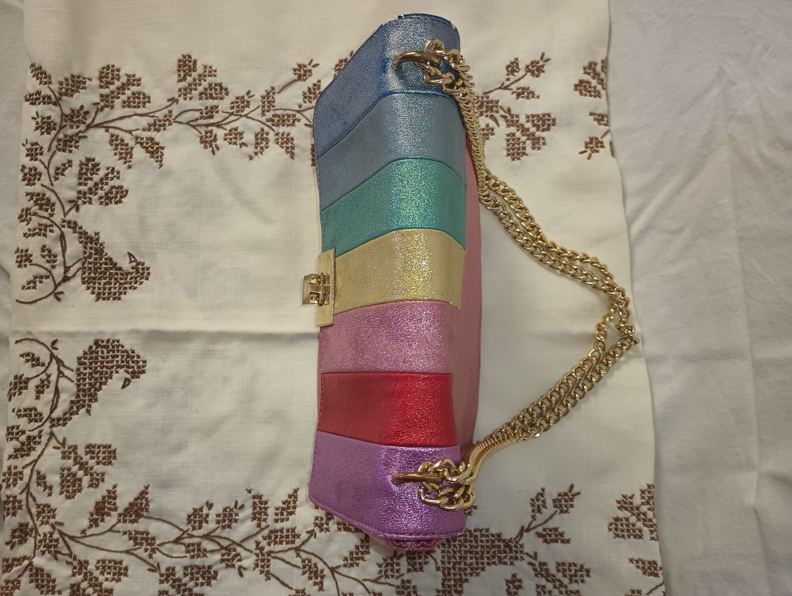ALDO Metallic Pink Rainbow Colorblock Shoulder Bag Gold Chain Strap Clasp