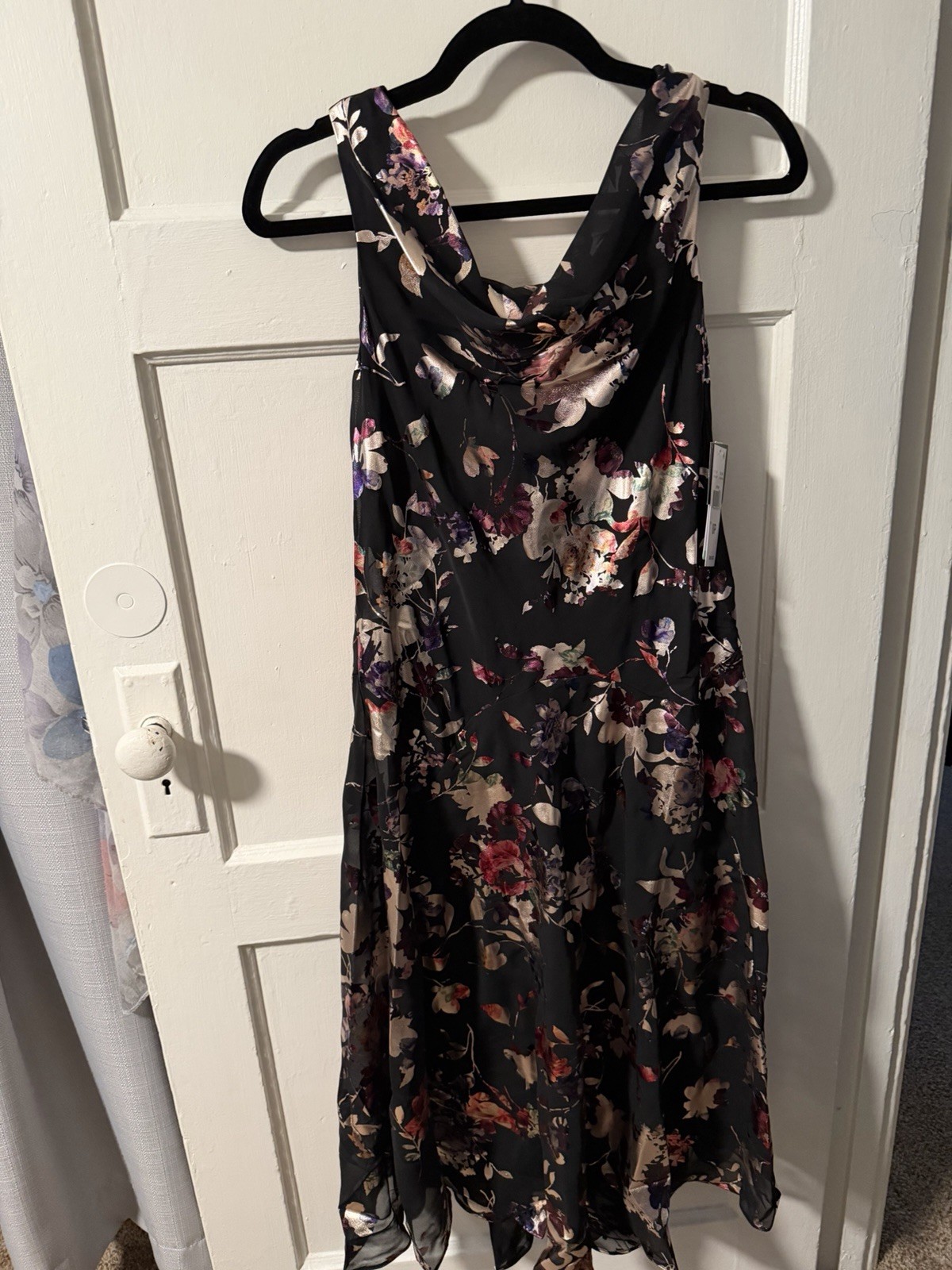 NWT Signature Robbie Bee Black Metallic Floral Cowl-Neck Midi Dress 8P Fairy