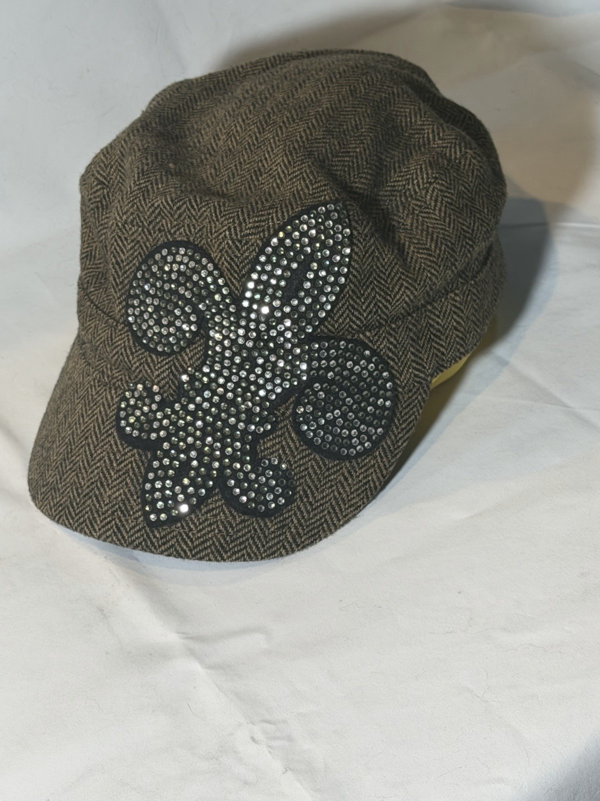 Fleur-de-Lis rhinestones Brown tweed Cap adjustable Fit Circumference 22in