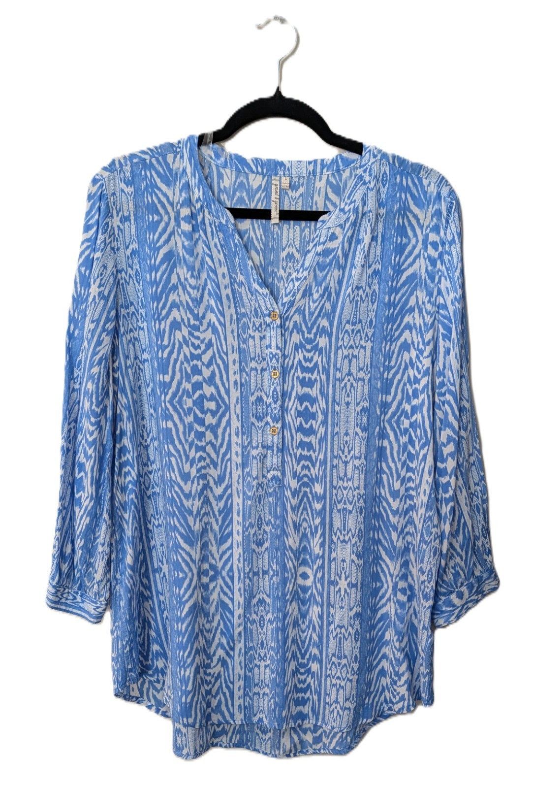 Grand & Greene Blue Ikat Print 3/4 Sleeve Blouse – Size Large