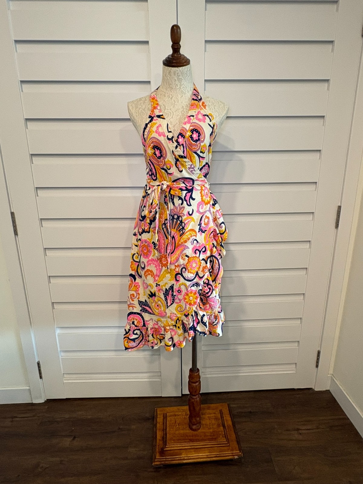 JB By Julie Brown Kaylah Paisley Linen Blend Halter Wrap Rush Midi Dress L