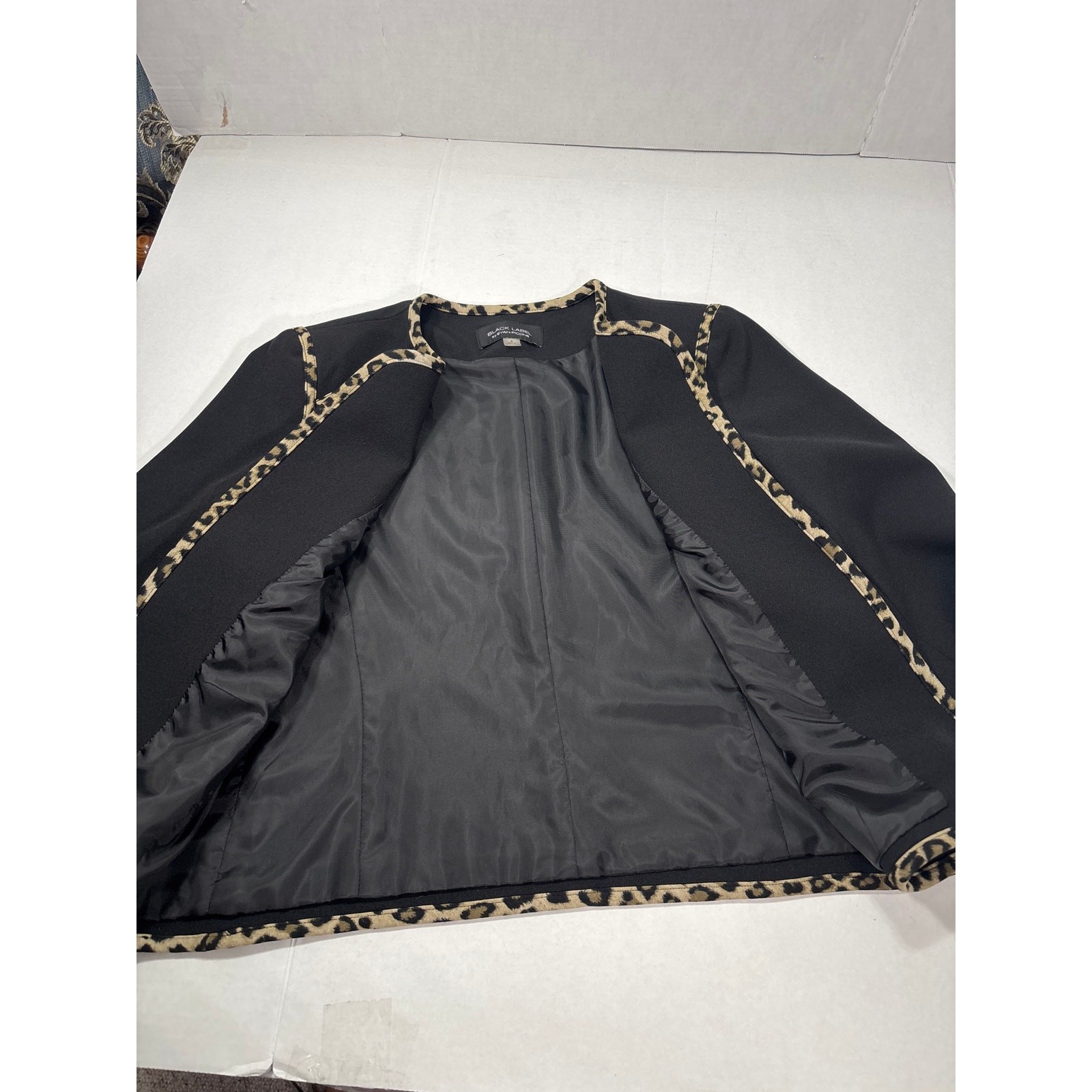 Black Label Evan Picone Black with Leopard Trim Blazer Jacket Size 6