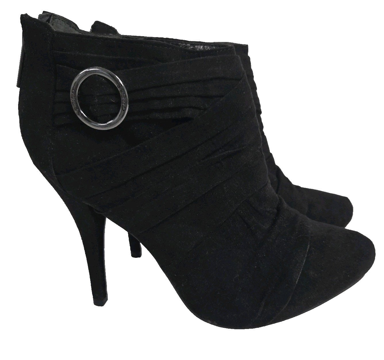 Guess Black Suede High Heel Stilettos Booties Women’s Size 8 Zipper Logo Buckle