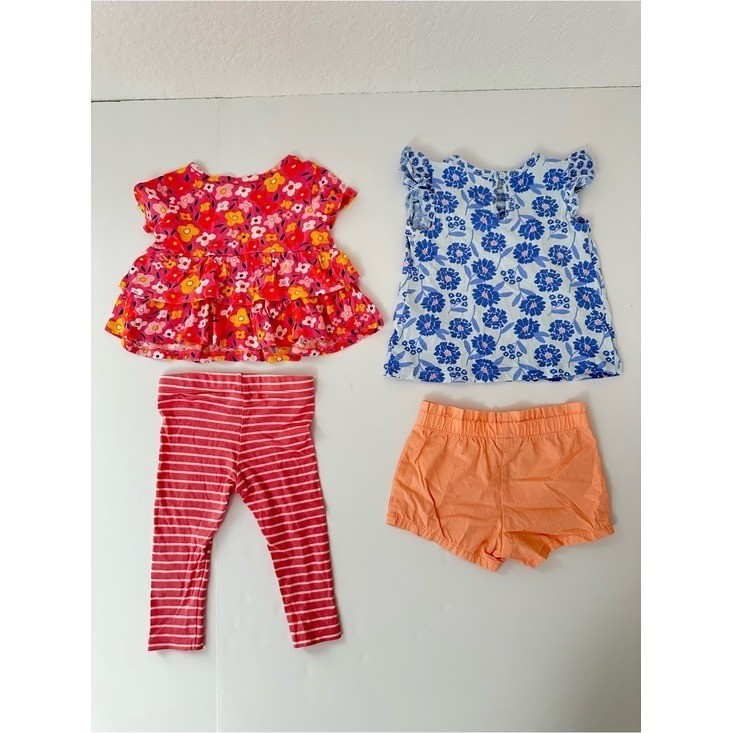 Baby Girls Floral & Stripe 4-Piece Matching Set – Pink, Blue, Orange Size 12M