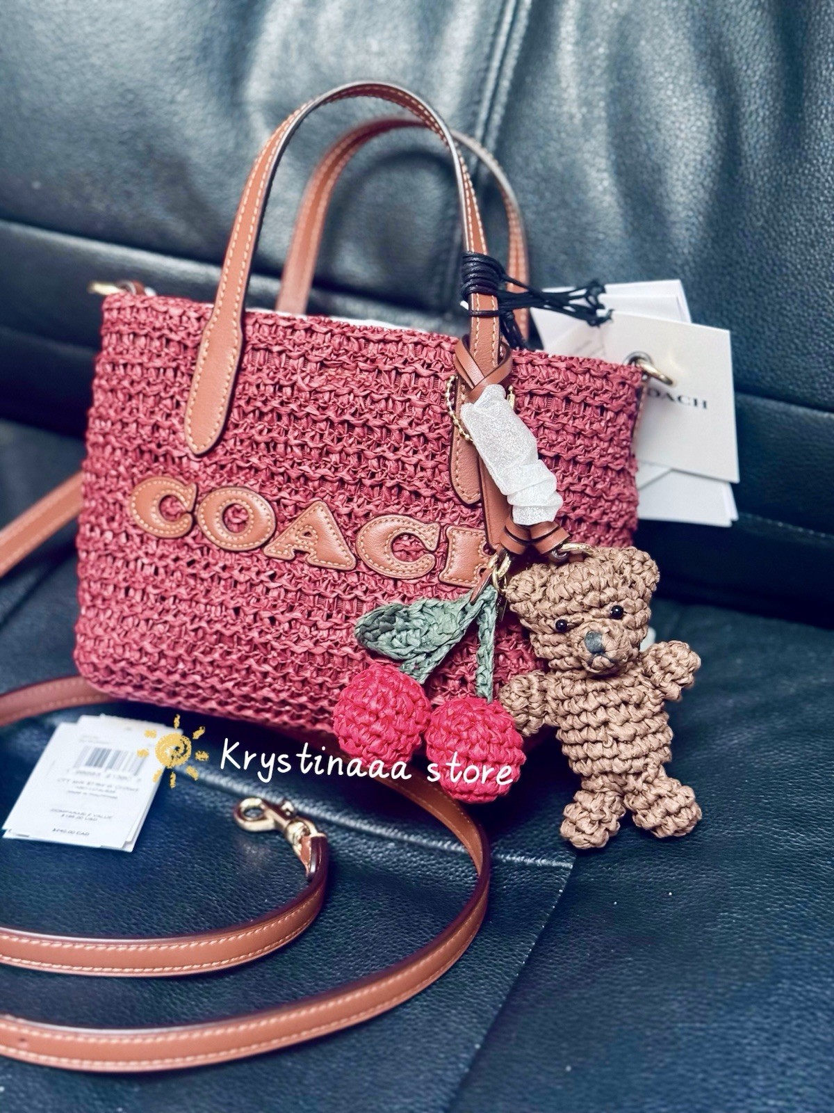 NWT Coach CEU30 City Mini Tote Bag With Charms in straw & Leather Gold/Russet