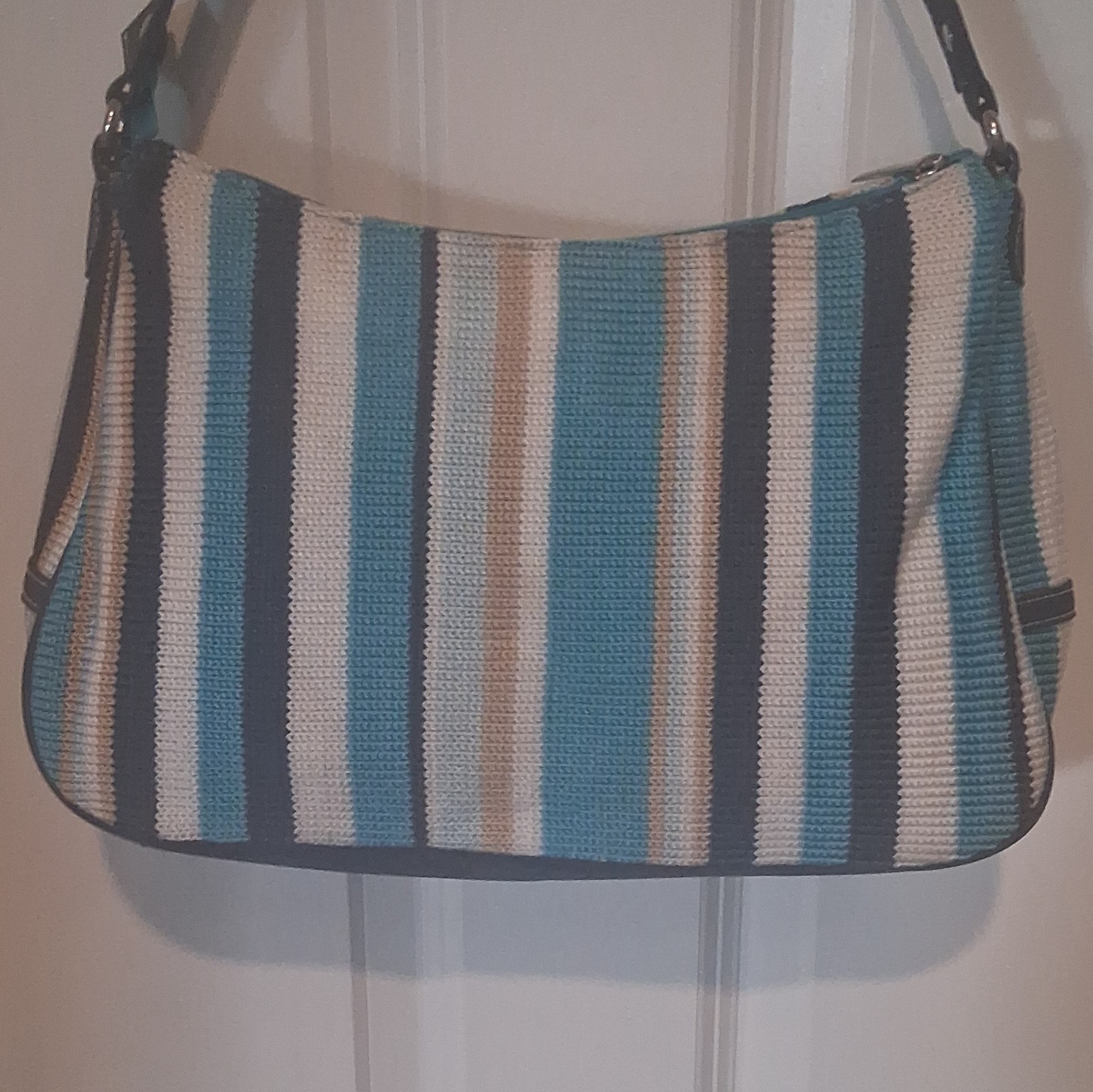 The Sak Striped Shoulder Bag Blue White Beige Black Zip Closure Pockets Lined
