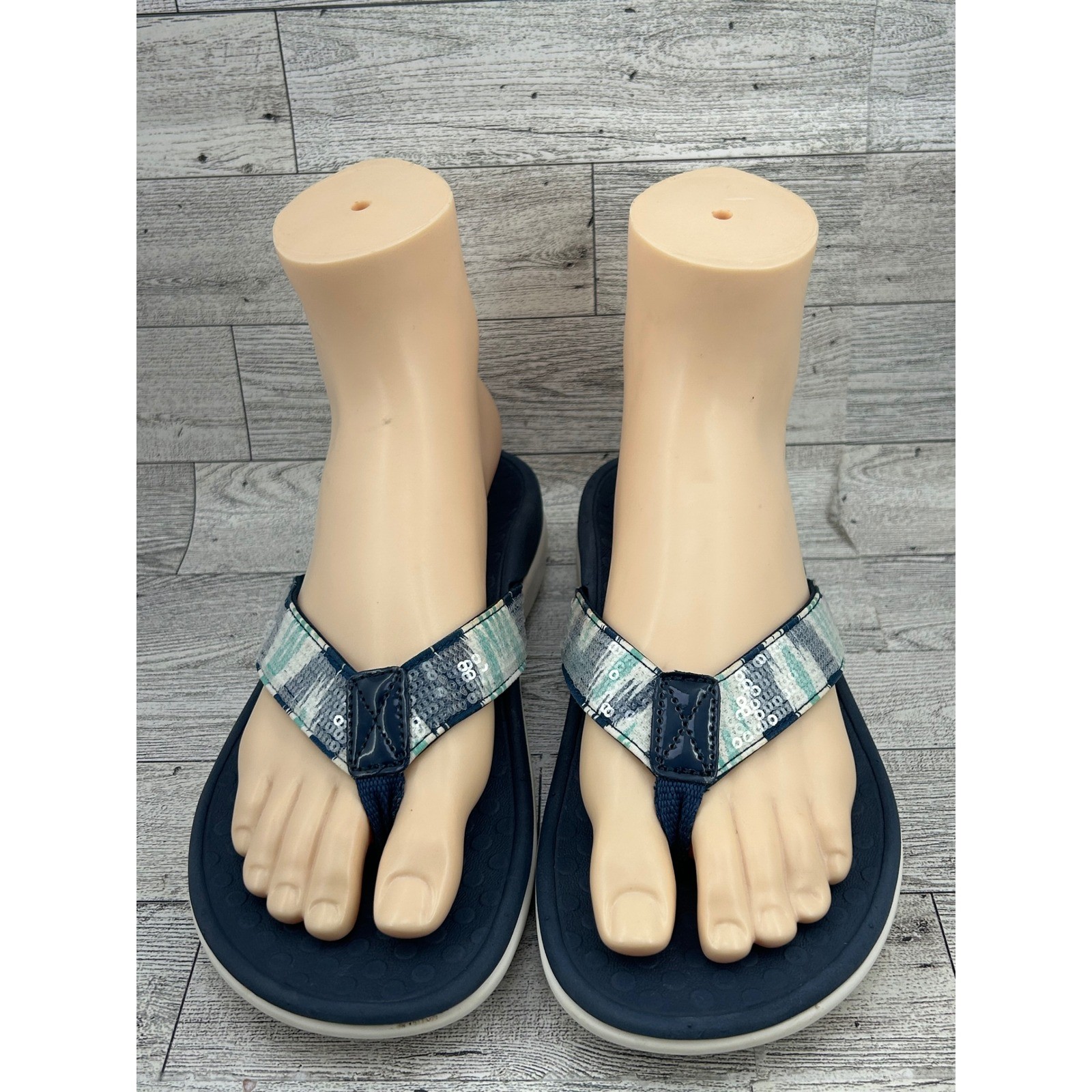Vionic Tide Sequins Navy Blue Mint Orthotic Thong Sandals Women Size 6 44TIDESQ