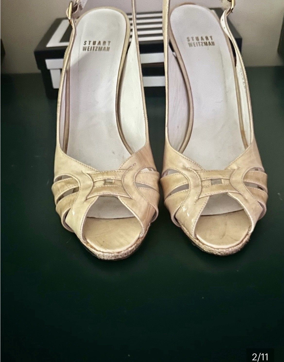 Stuart Weitzman Women’s Beige Patent Leather Slingback Peep Toe Buckle US 9.5 M