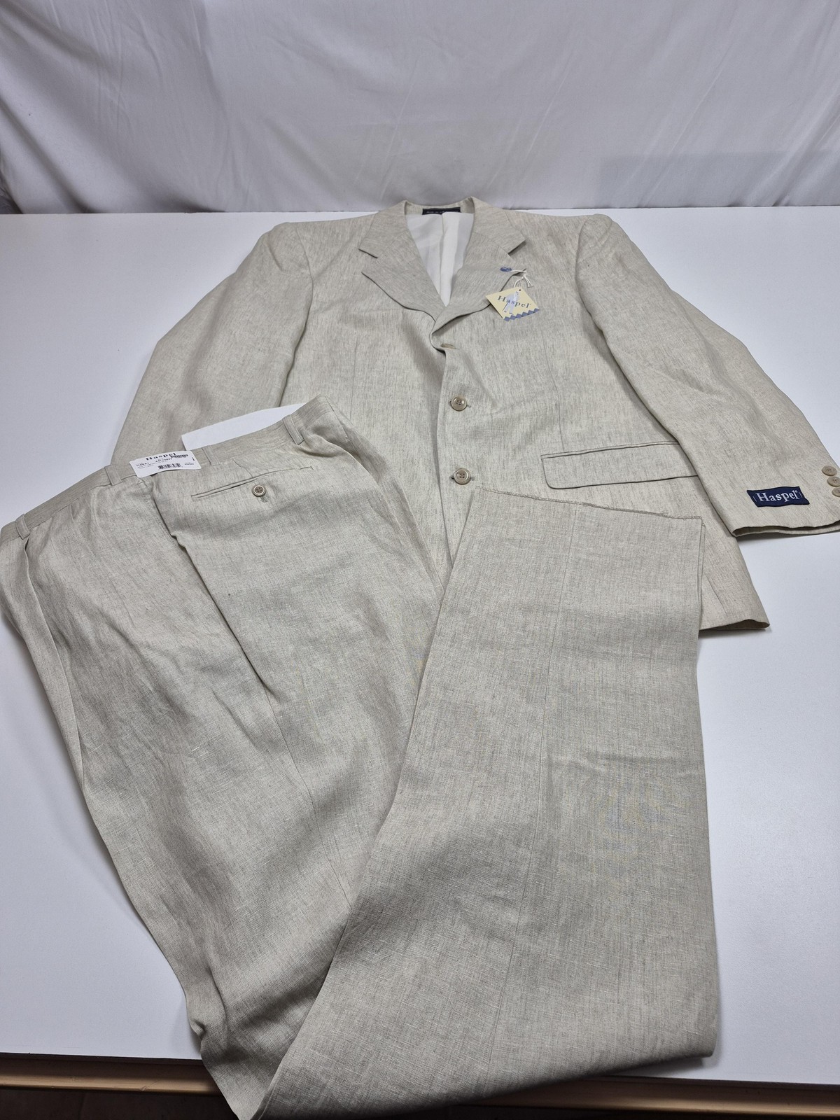 Haspel Suit Mens 44 Long Beige 100% Linen Memphis 2 Piece 38×36 Classic Fit NWT