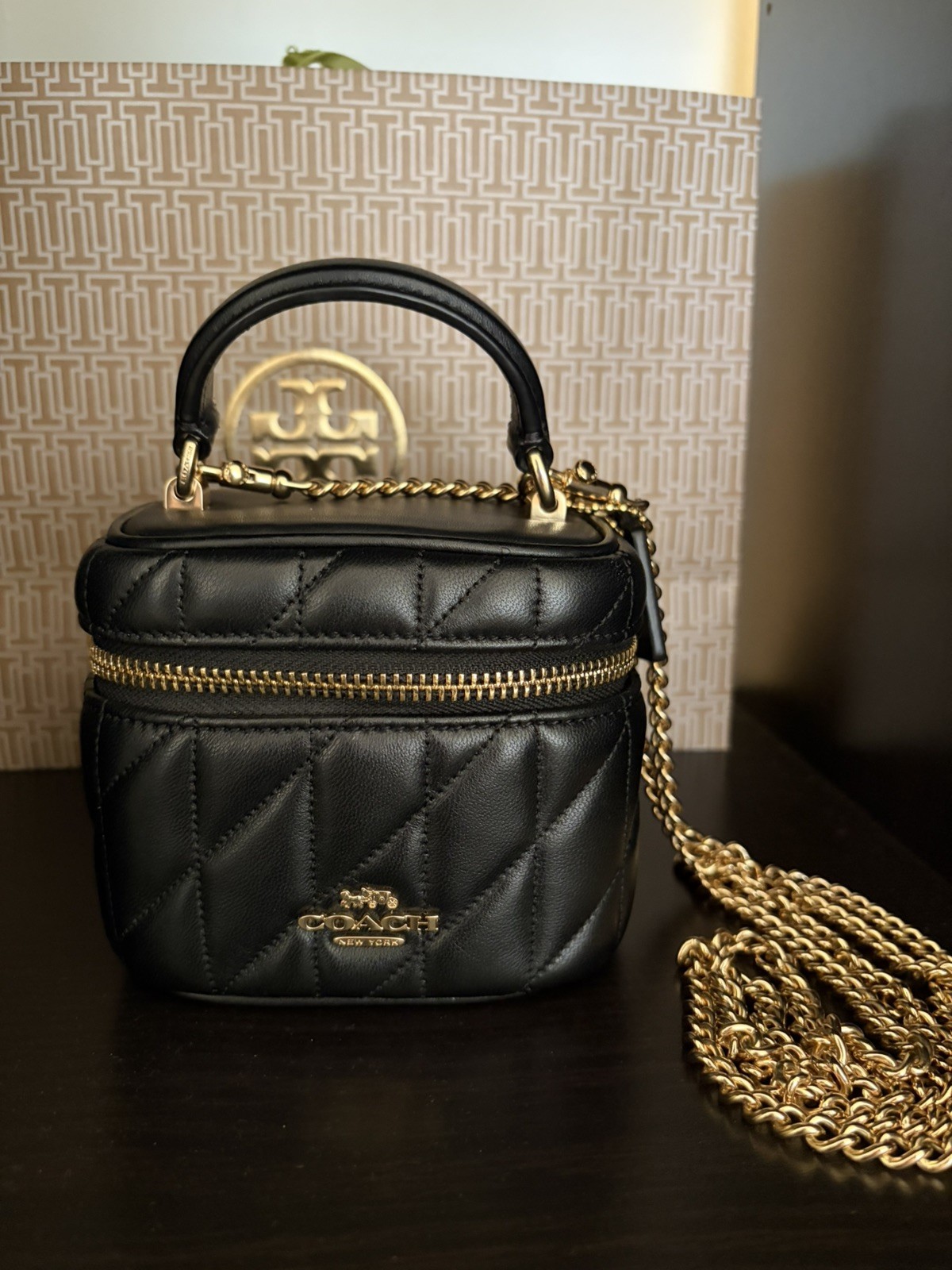 COACH Crossbody Vanity Nappa Leather Quilted Black Vintage Authentic