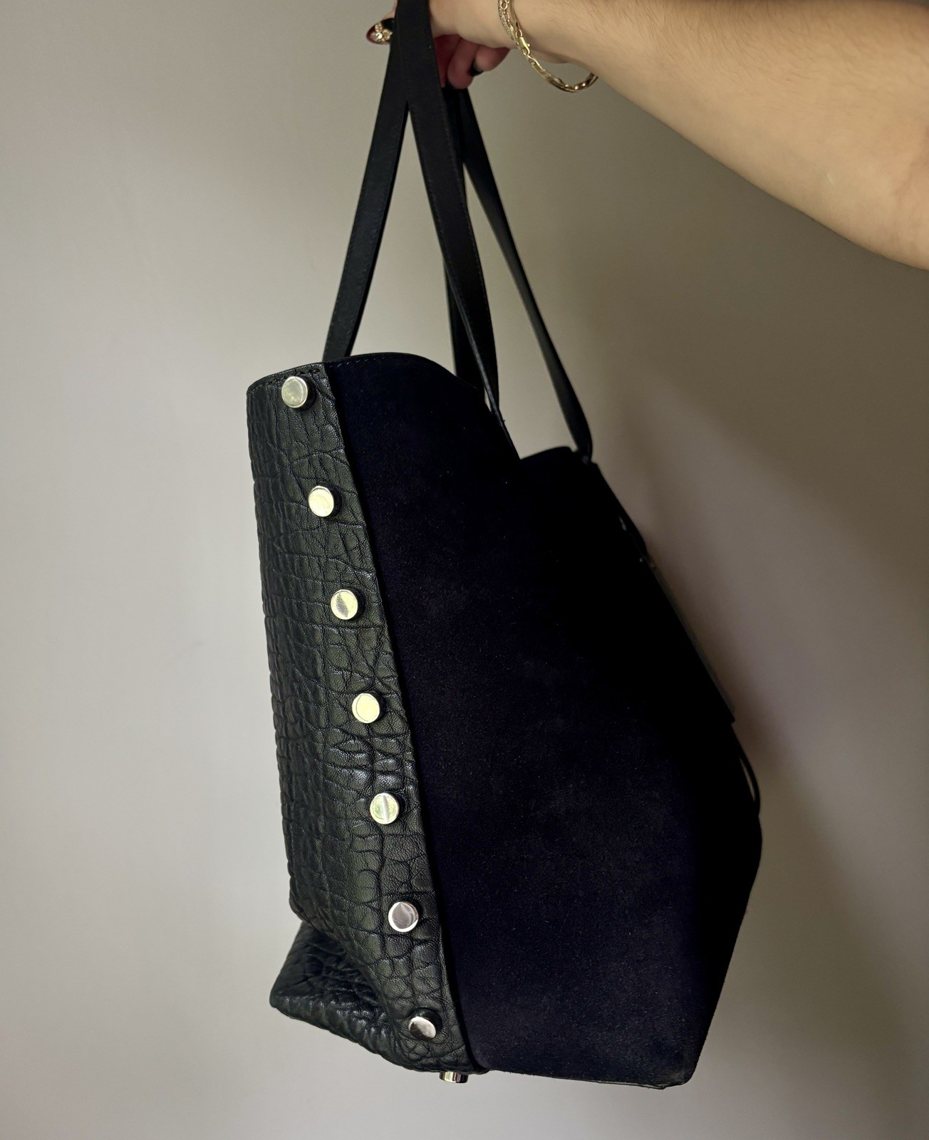Jimmy Choo Twist East West Tote Bag Black Suede & Pebbled Leather Purse