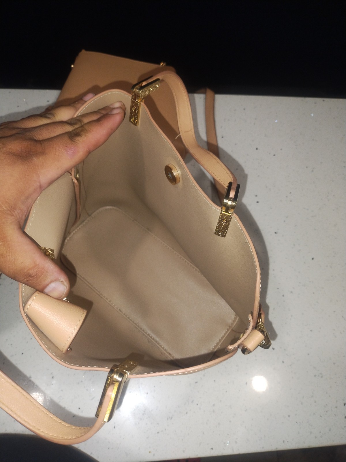 Women’s Beige Satchel Top Handle Bag, Zip/Magnetic, Detachable Strap, Pouch