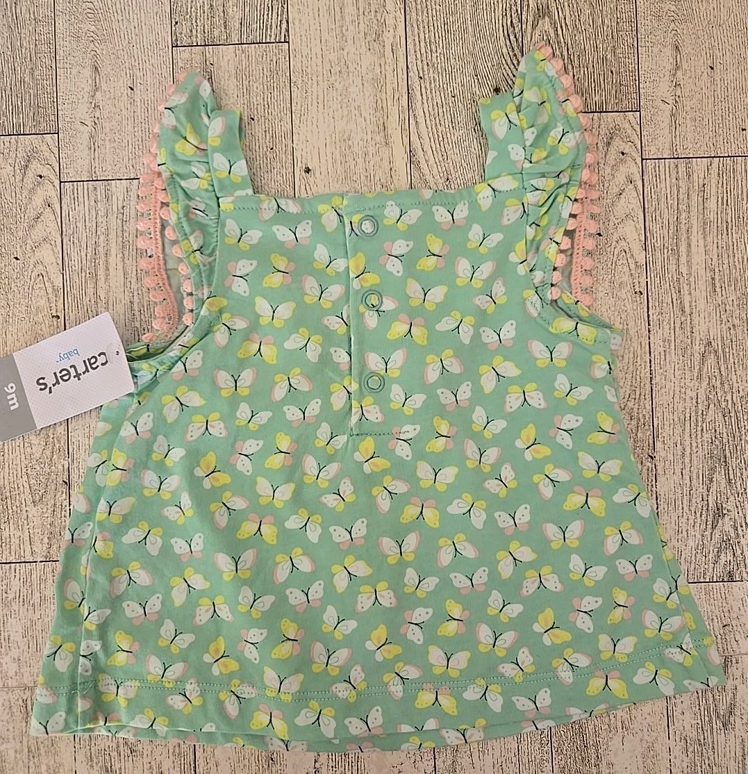 Carter’s Short Set 6-9 Months Butterflies Shirt Shorts Romper Girl 3pc NEW