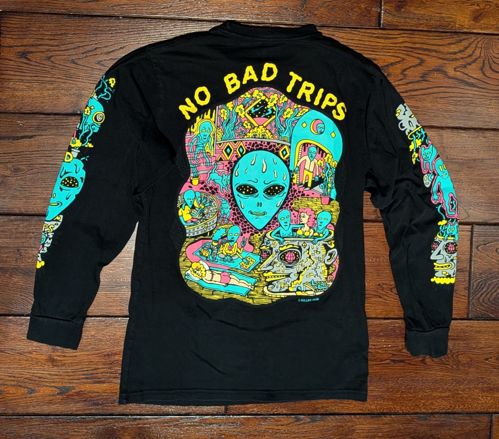 Killer Acid ‘No Bad Trips’ Long Sleeve T-Shirt Black w/ Psychedelic Alien Mens S