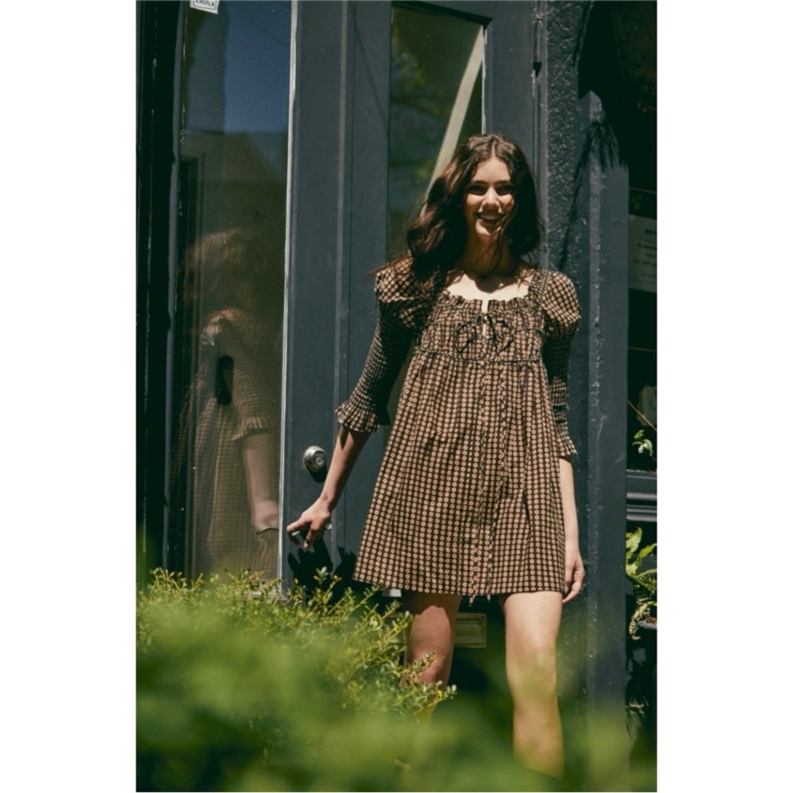 Free People Retro 70s Babydoll Star Dip Mini Dress in Black Combo Size Large