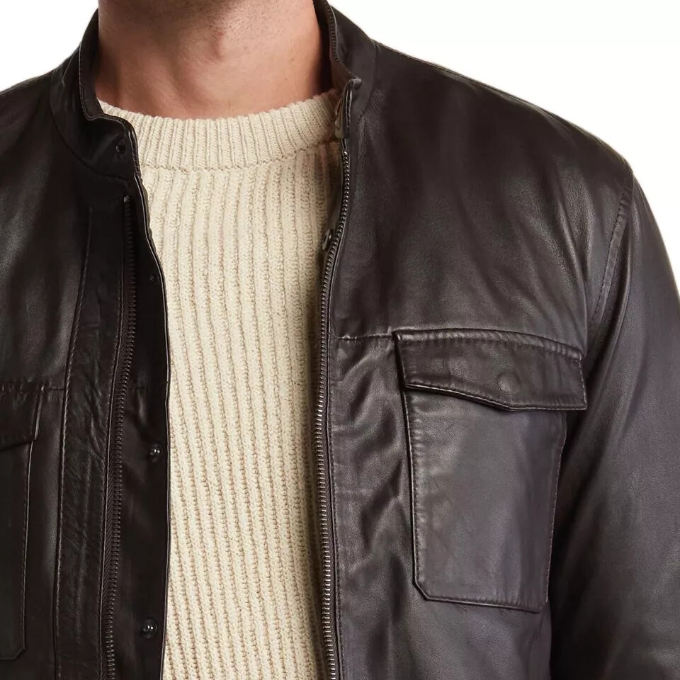 John Varvatos Leather Jacket Shirt Jacket Snap Zip Front Brown pure Lambskin