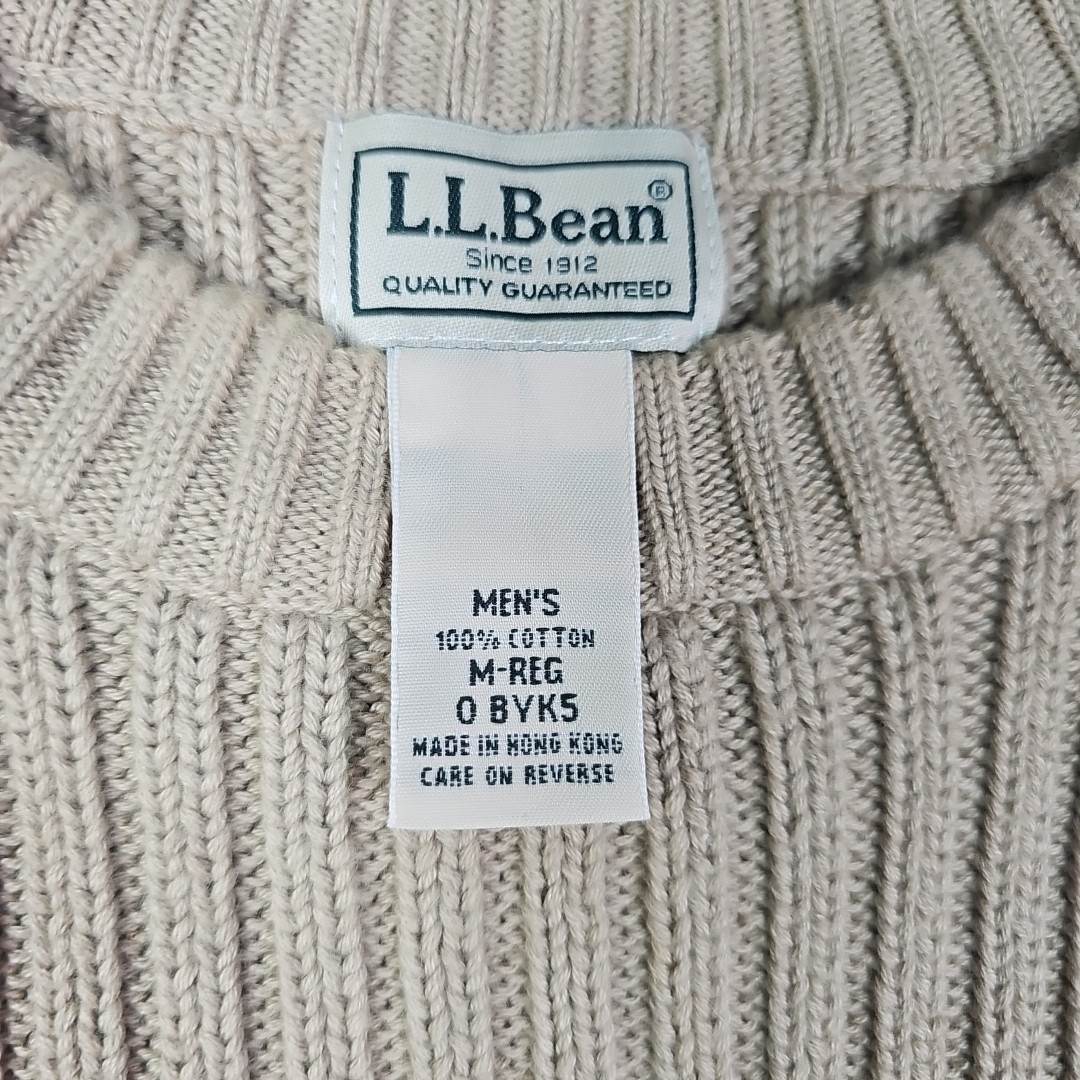 LL Bean Mens Medium Reg Commando Sweater Cotton Ribbed Elbow Patch 0BYK5 Khaki
