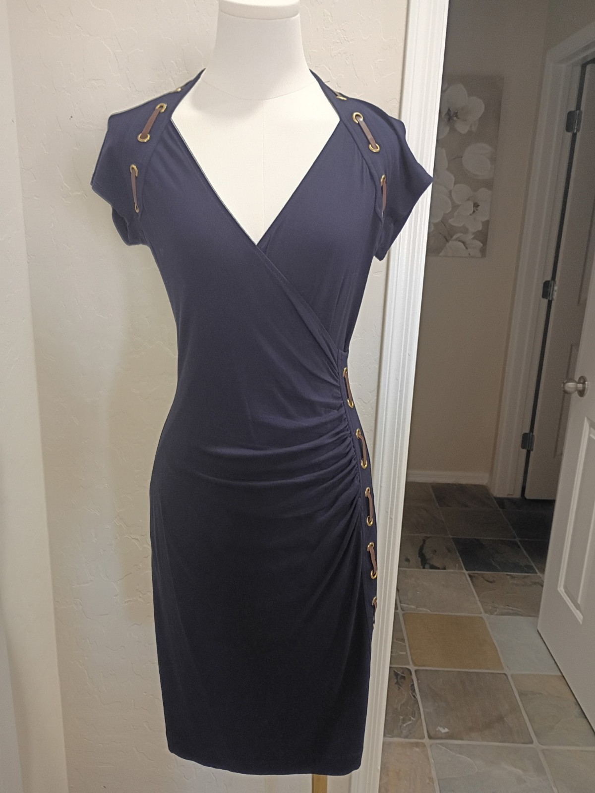CARMEN NEW NAVY SHORT SLV. DRESS W/ LEATHER DETAIL SZ. S