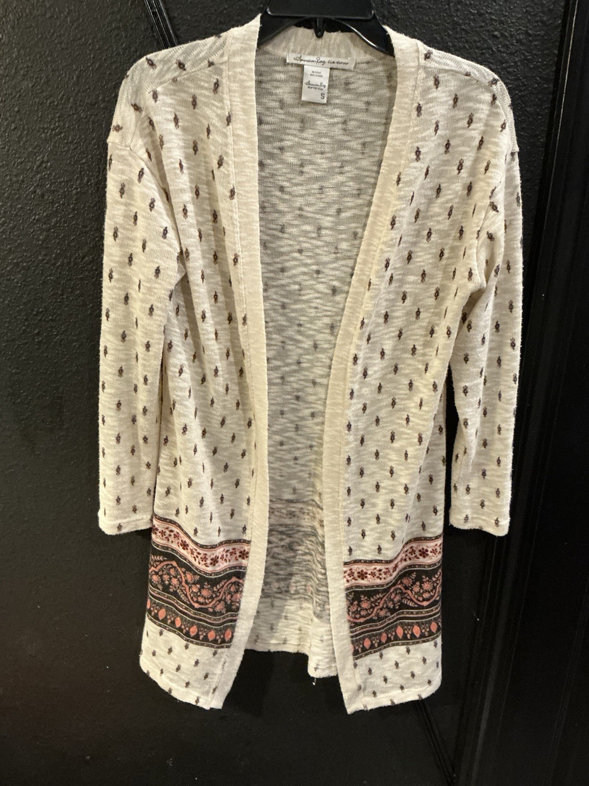 American Rag Cie Ivory/Black Knit Open Front Paisley Cardigan Sweater S