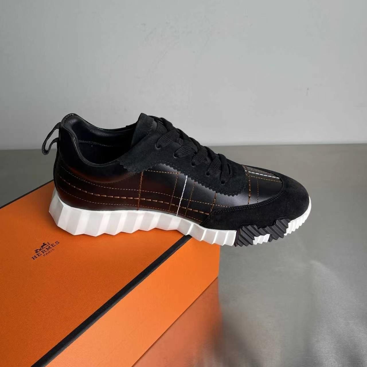 Hermes Bouncing Sneakers Black Leather Suede Men’s Low Top Trainers