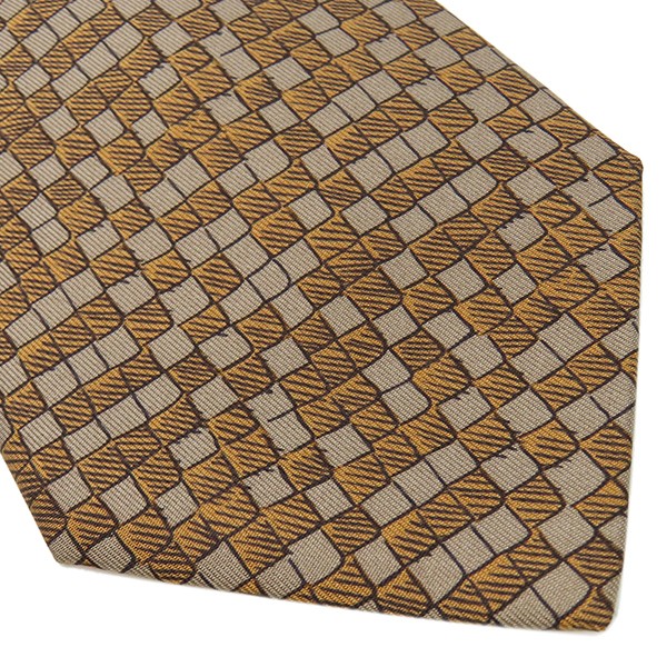 Hermes Tie All Over Pattern 9Cm Silk Brown Checkered Handwritten