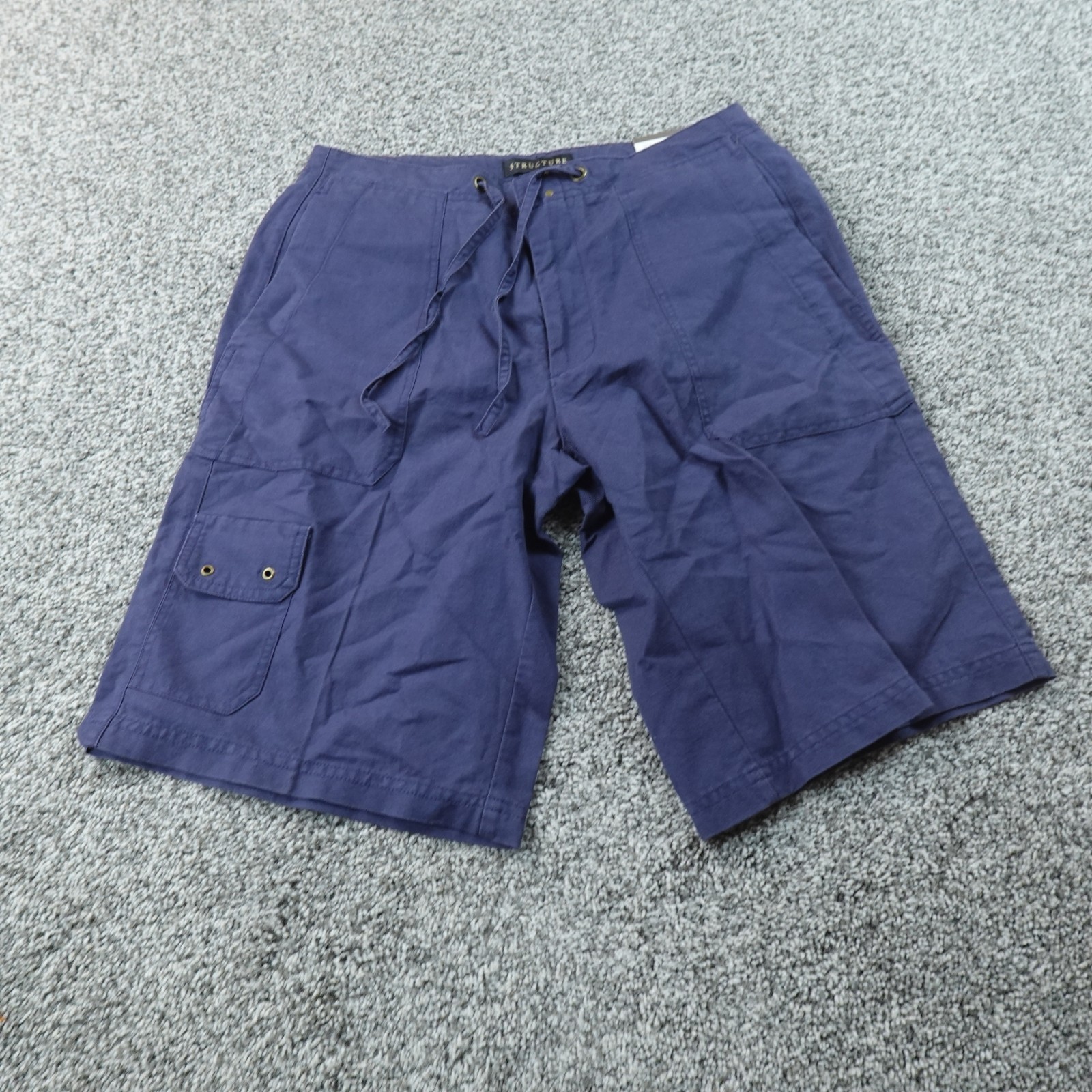 NEW Structure Shorts Mens 30 Blue Linen Chambray Cargo Utility Drawstring Beach