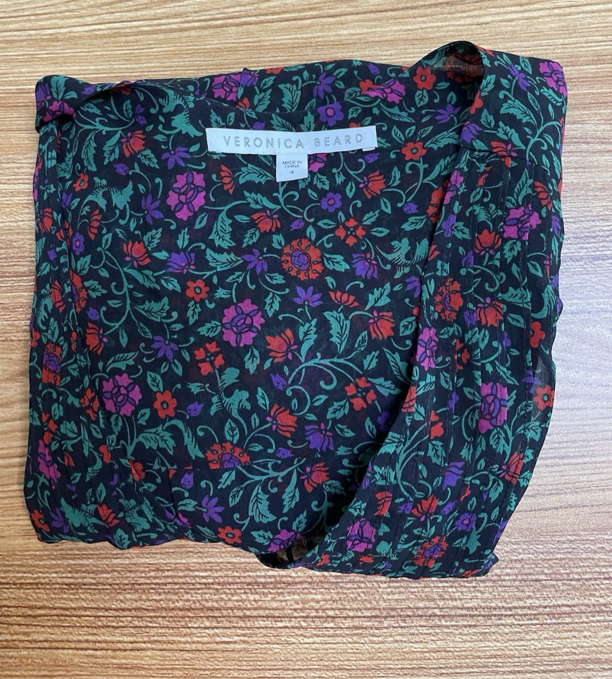 Veronica Beard | Black Multicolor Floral 100% Silk Blouse Long Sleeve Size 4