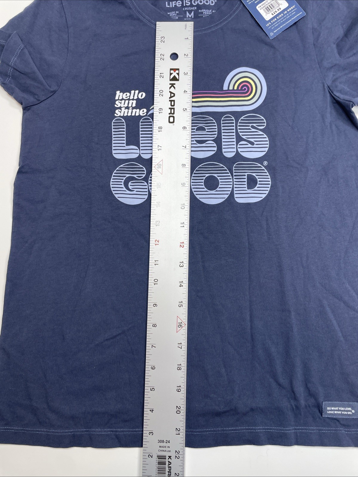 NWT Life Is Good Groovy Hello Sunshine Womens T Shirt Medium Graphic Blue Cotton