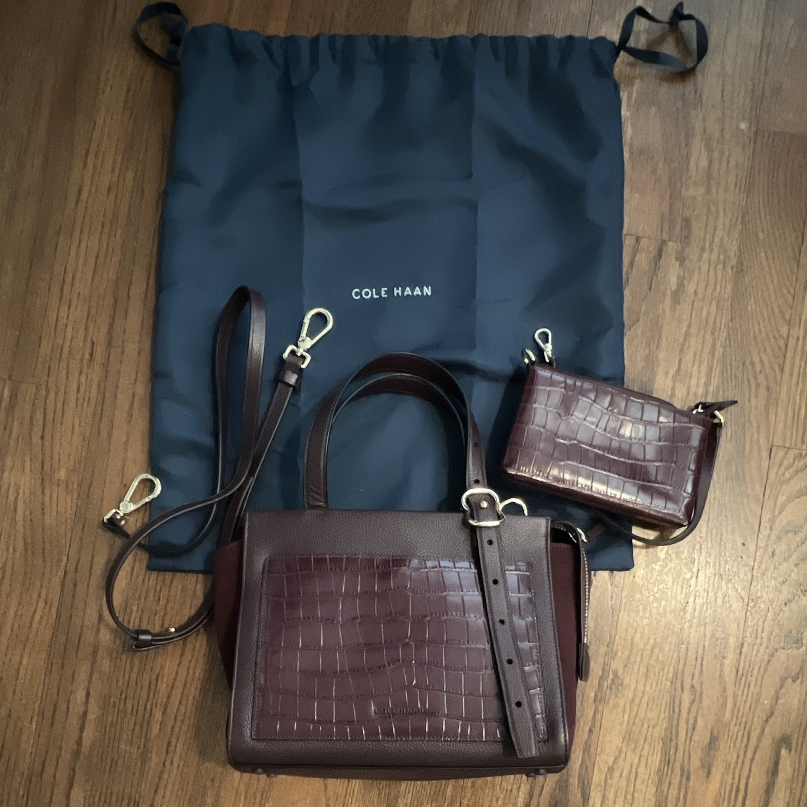 Cole Haan Burgundy Medium Satchel Top Handle Zip, Strap, Dust Bag, Croc Emboss