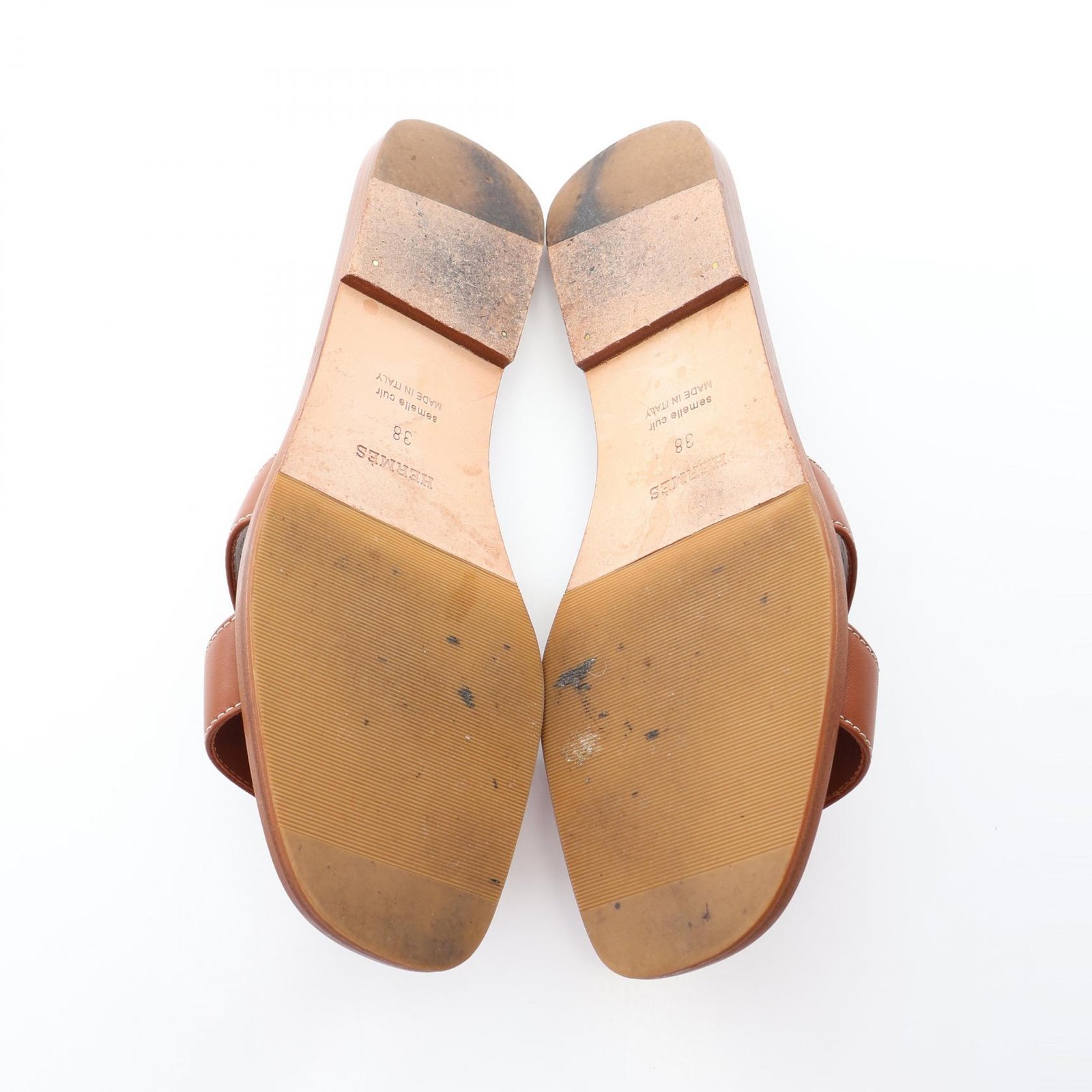 HERMES Oran Mule Flat Sandal #38 Box calf leather Calfskin Brown Gold Used Women