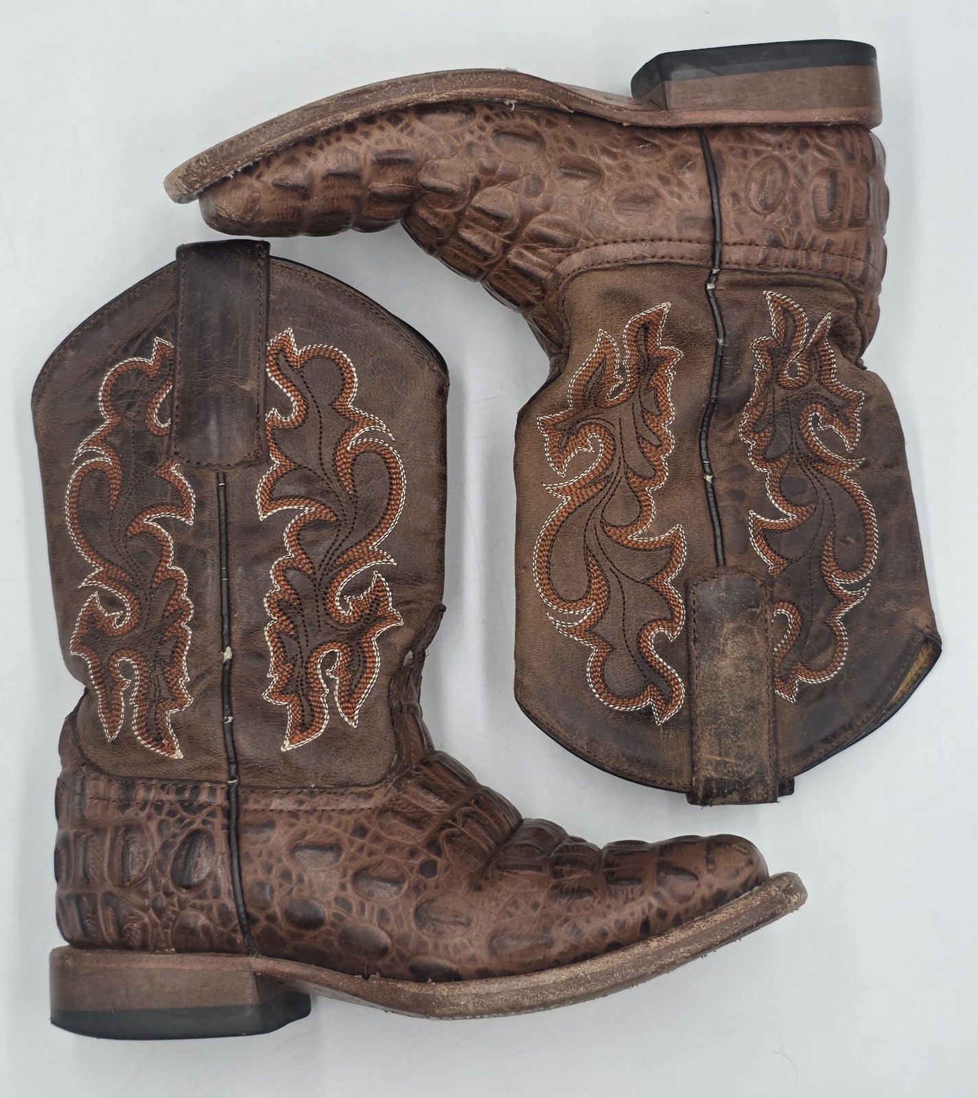 Horse Power HPK1070 Kids Cowboy Boots Sz 12 Brown Nile Print Square Toe Leather
