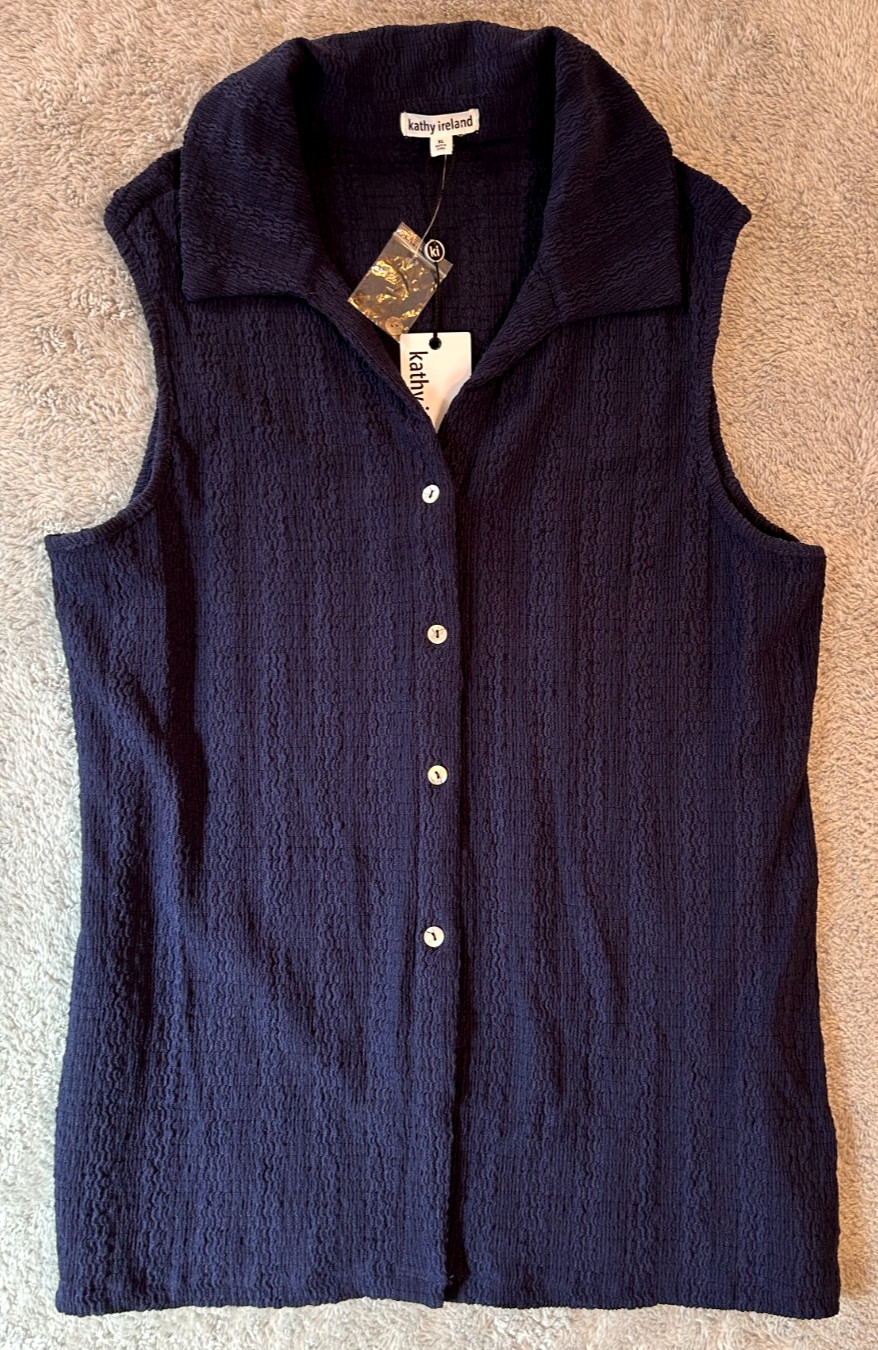 Kathy Ireland Women Sleeveless Blouse Sz XL Navy Blue Texture Soft Coast Top NWT
