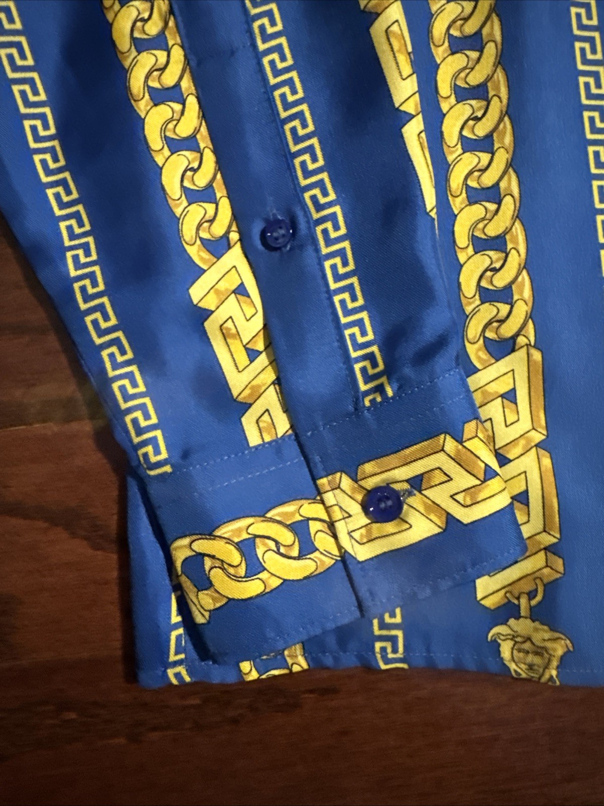 Versace Blue/Gold Chain Link Silk Button Up Shirt Sz IT56 US XL 100% Authentic