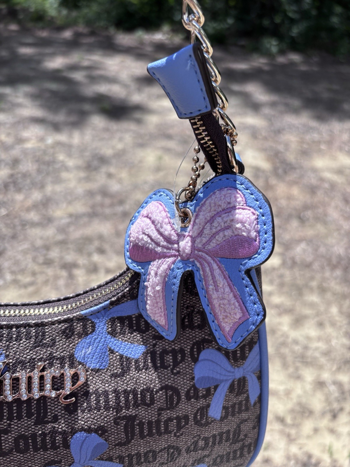Juicy Couture Brown/Blue Logo Bow Print Small Shoulder Bag Chain Strap Zip Charm