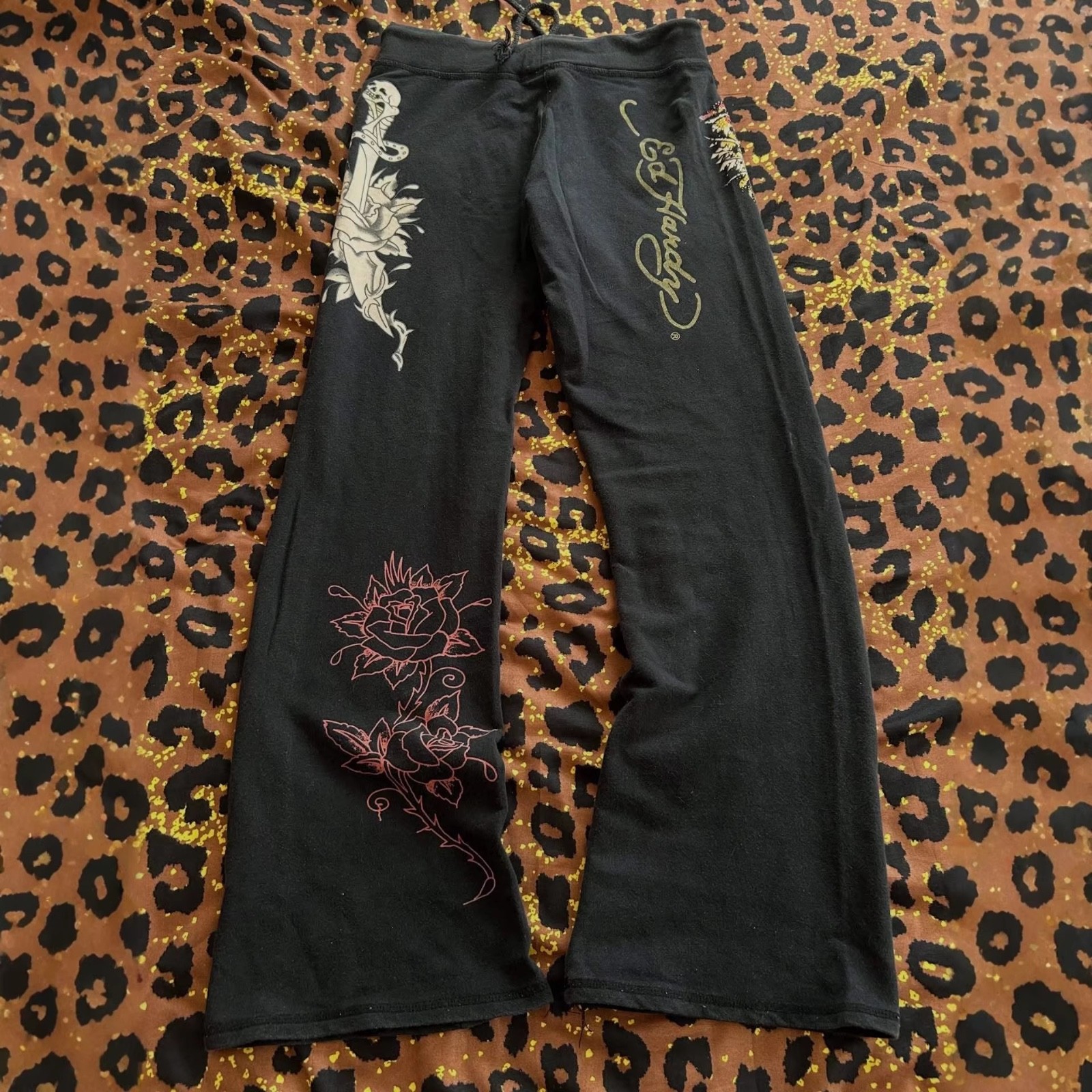 Y2K Ed Hardy Rose Graphic Pants For Women Color Black Size Small and Medium