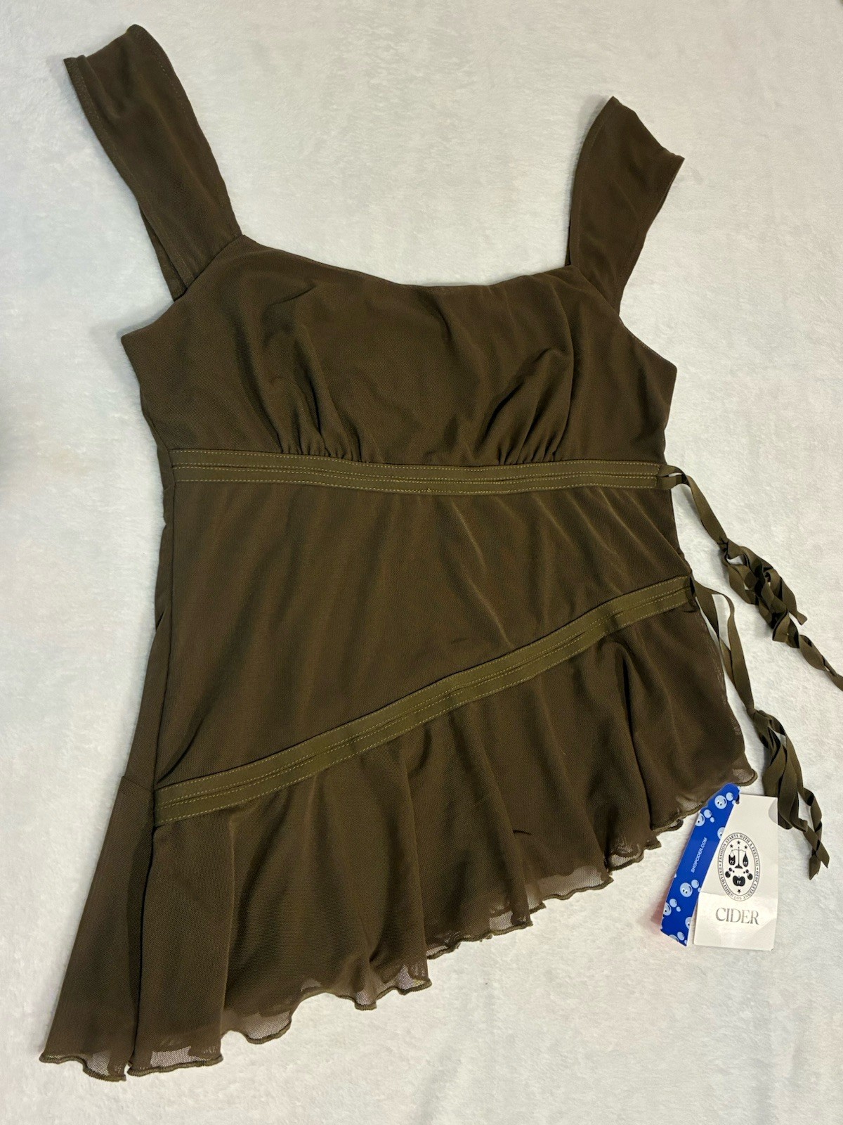 Mesh U-neckline Asymmetrical Ruffle Trim Knotted Tank Medium Fairy Core Festival