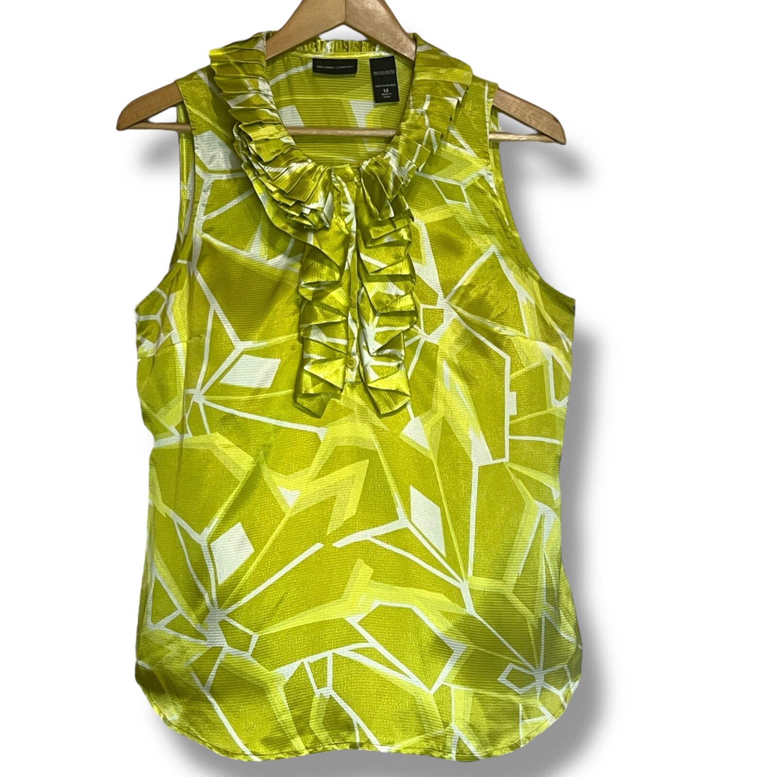 New York & Co Ruffle Front Sleeveless Blouse Geometric Corporate Regency Sz 14