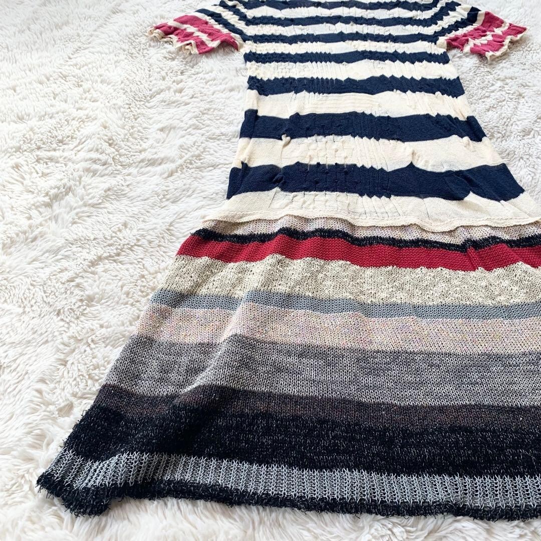 M.&KYOKO Silk Blend Short Sleeve Striped Knee Dress Size 1 Ivory Navy Pink Auth