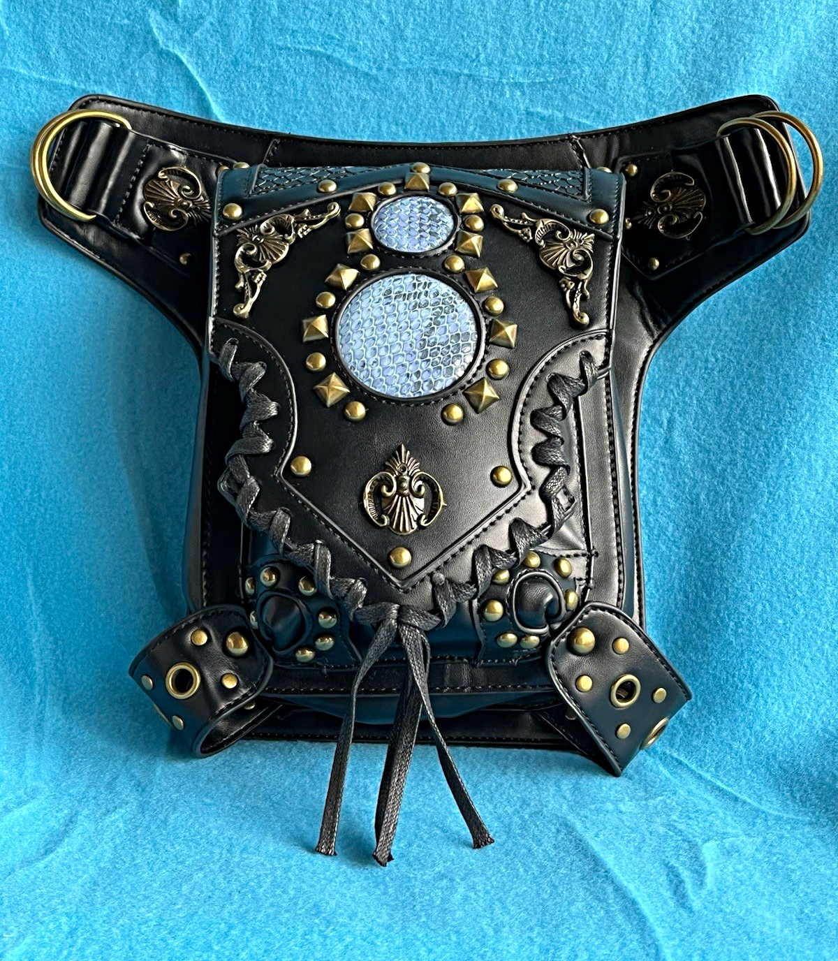Steampunk Black Studded Lace-Up Crossbody Bag Zip & Magnetic Detachable Strap