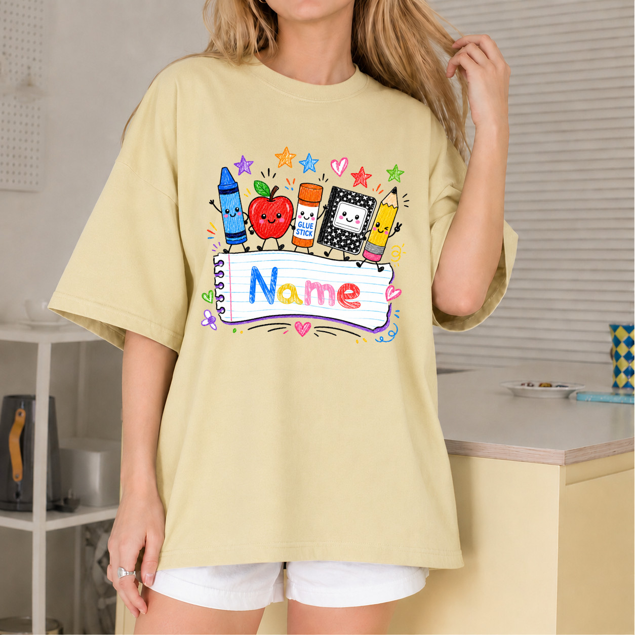 Custom Name Teacher T-Shirt Personalized Preschool Kindergarten Cute Apple Tee