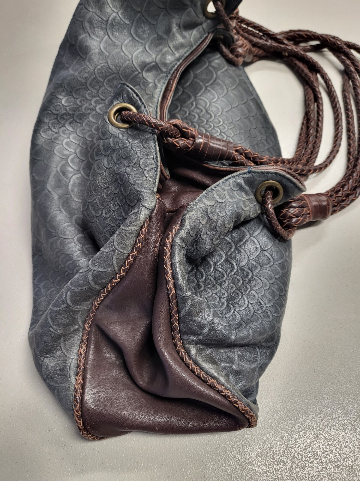 The Divine Tribe NYC Large Gray/ Brown Reptile Embossed Leather Tote Purse