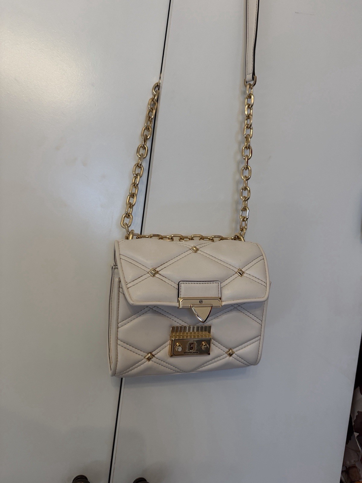 Michael Kors Ivory Quilted Crossbody Bag Chain Strap Turn Lock Gold Hardware