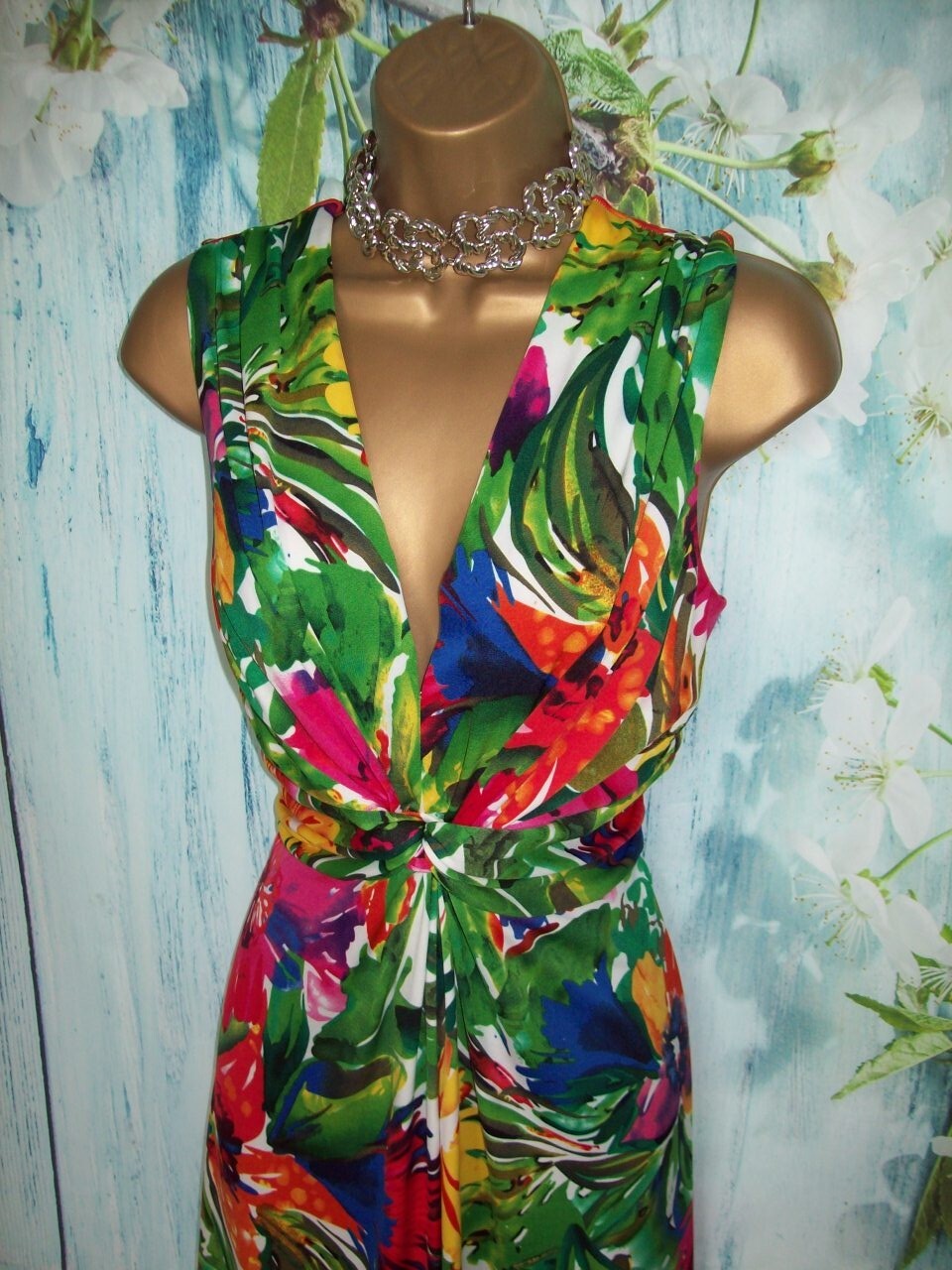 Debenhams Tropical Floral Maxi Dress Size 18 Twist Knot V Neck Slinky Summer