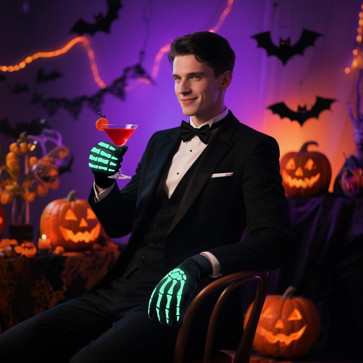 CROSSFINGERS Skeleton Gloves Glow in the Dark Large, Full Finger-adult